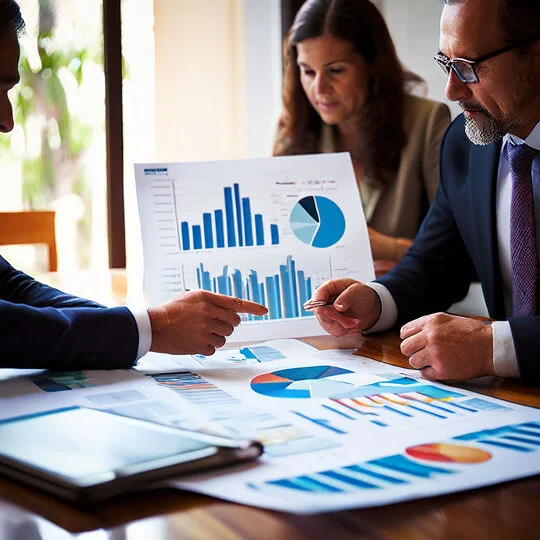 Consultores revisando datos y gráficos en una reunión